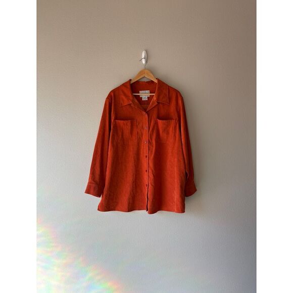 basic editions 90s faux suede burnt orange button front long sleeve shirt - Picture 1 of 6